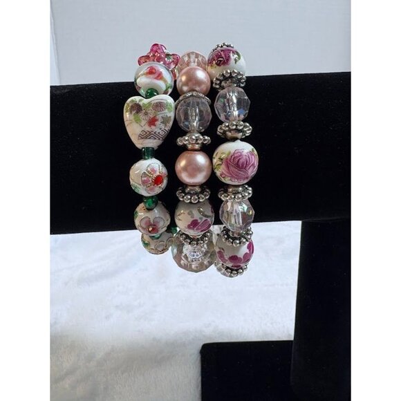 Vintage Painted Ceramic Cloisonne Glass Beaded Stretch Bracelets - Set of 3 - Picture 3 of 8